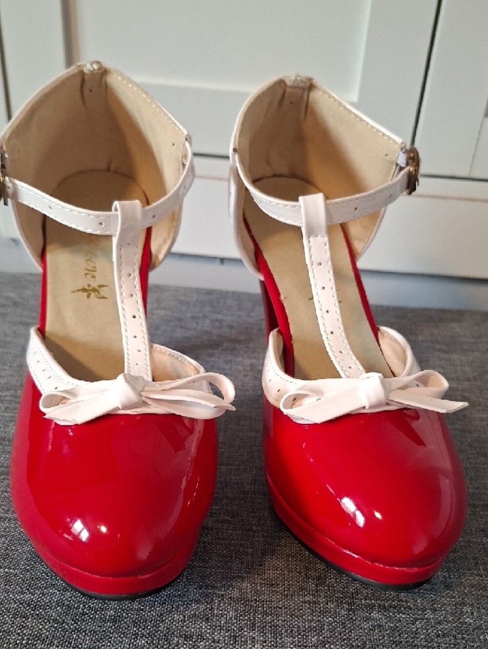 Pixie Cove Red and White Patten T-Strap Platform Heels - Picture 2 of 11